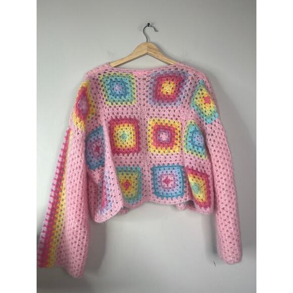 NEW Rose Carmine Crochet-Knit Mohair-Blend Granny Square Long Sleeve Cardigan - Picture 6 of 7